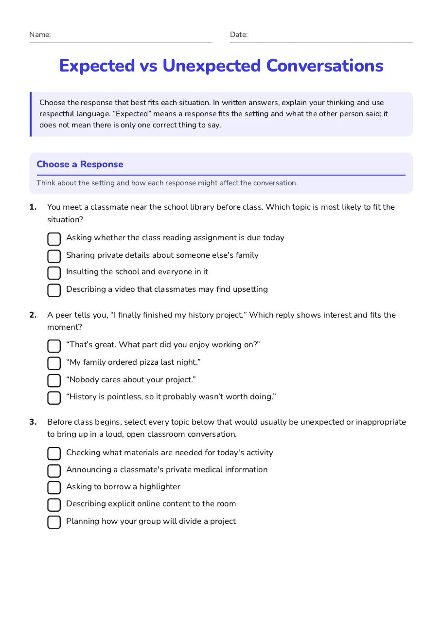 Expected vs Unexpected Conversations, page 1 of 3: Choose a Response