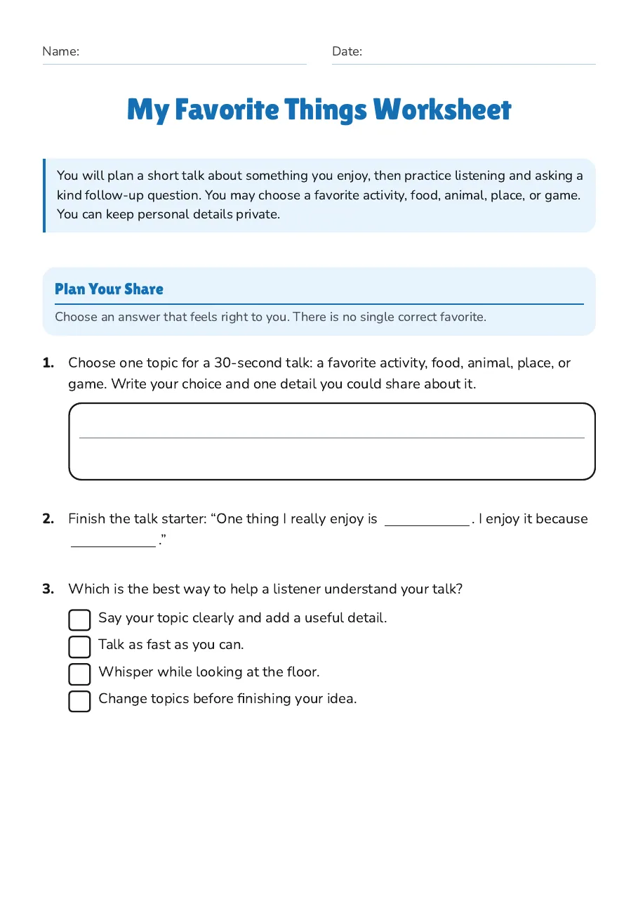 My Favorite Things Worksheet, page 1 of 3: Plan Your Share