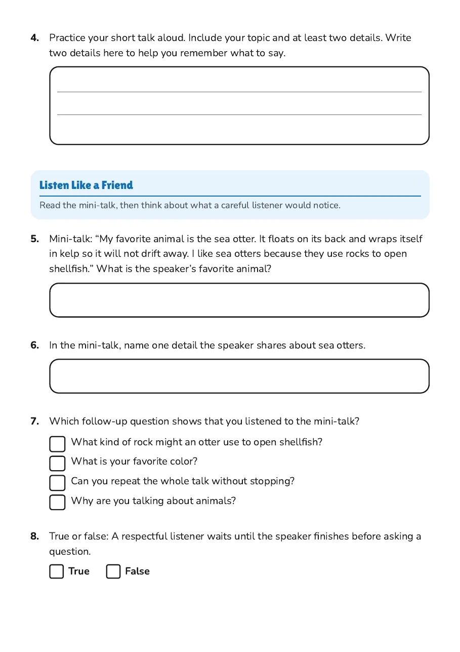 My Favorite Things Worksheet, page 2 of 3: Listen Like a Friend
