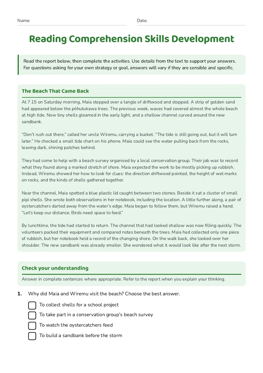 Reading Comprehension Skills Development, page 1 of 3: The Beach That Came Back, Check your understanding