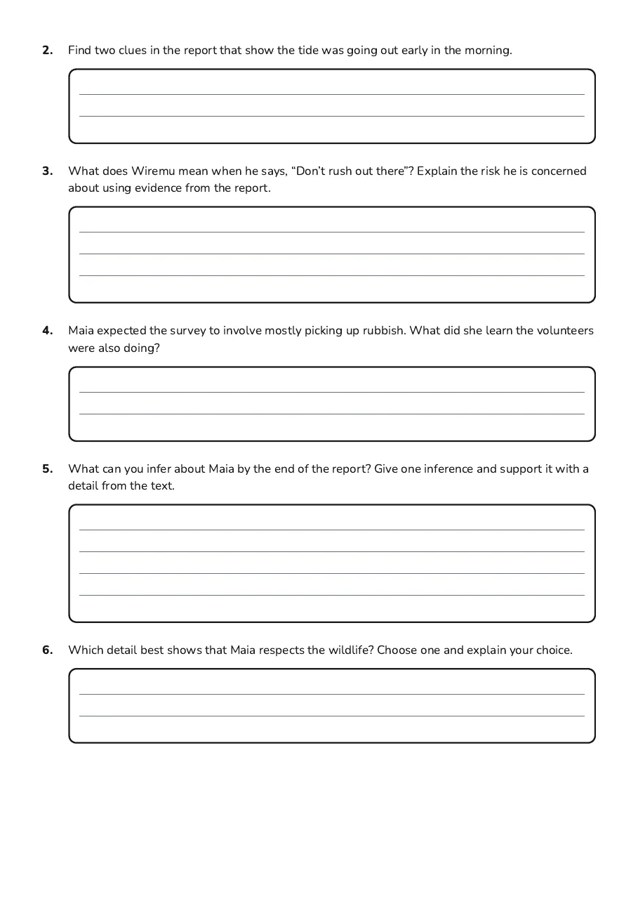 Reading Comprehension Skills Development, page 2 of 3: 2. Find two clues in the report that show the tide was going out early in the morning.