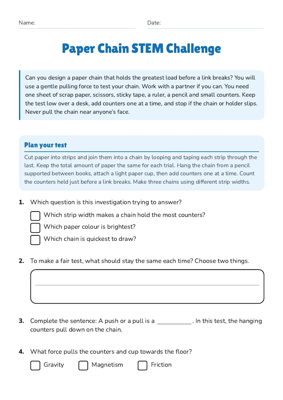 Paper Chain STEM Challenge, page 1 of 3: Plan your test
