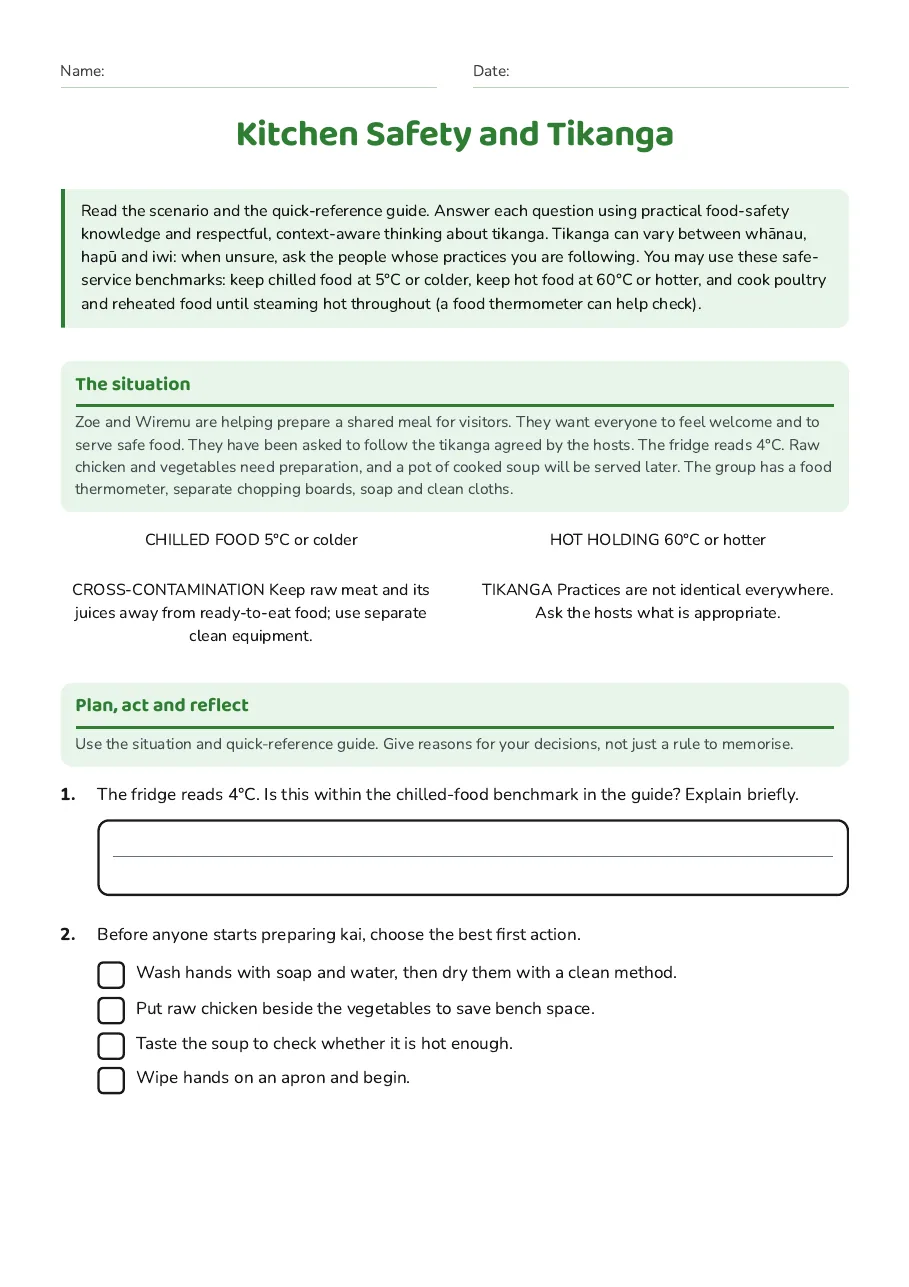 Kitchen Safety and Tikanga, page 1 of 3: The situation, Plan, act and reflect