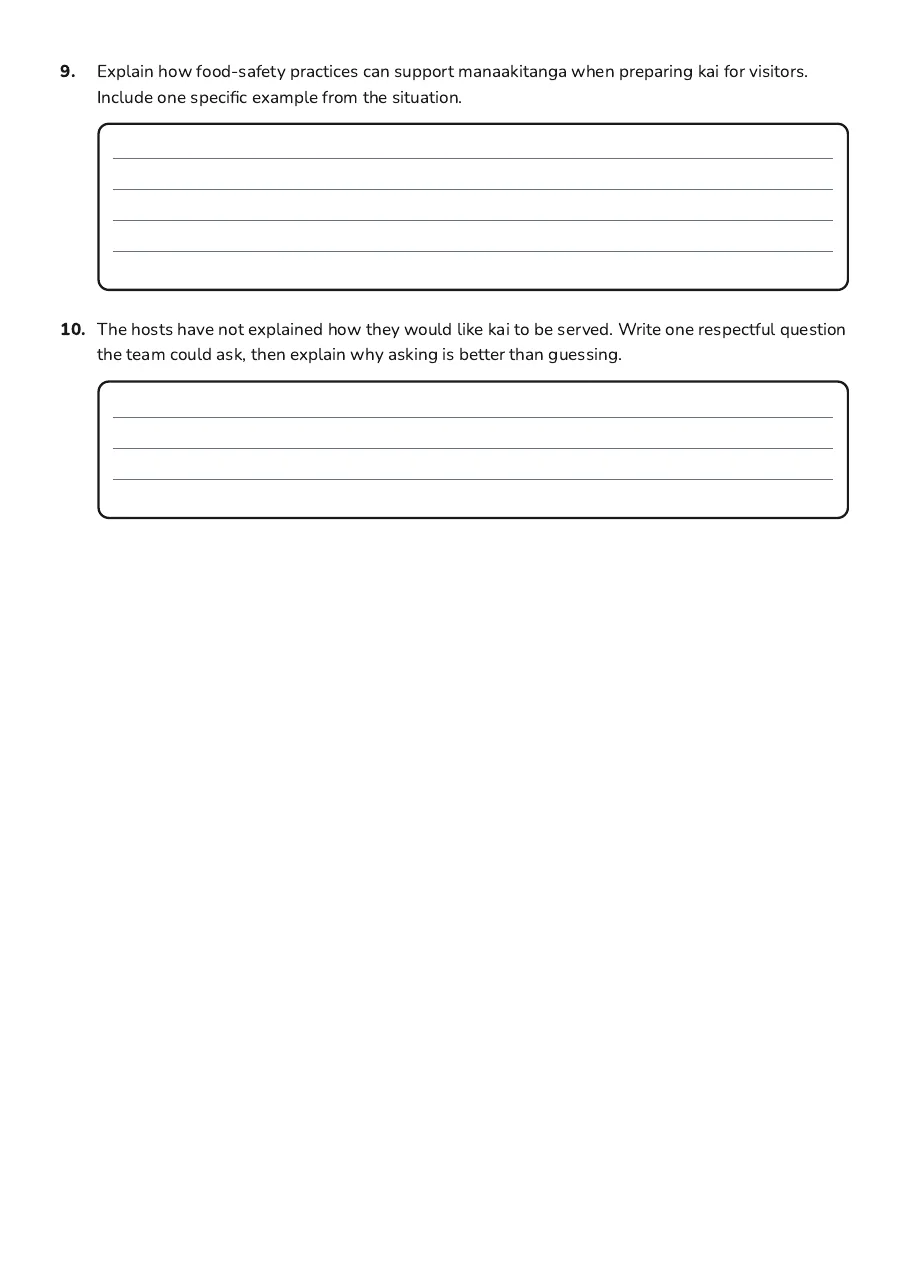 Kitchen Safety and Tikanga, page 3 of 3: 9. Explain how food-safety practices can support manaakitanga when preparing kai for…