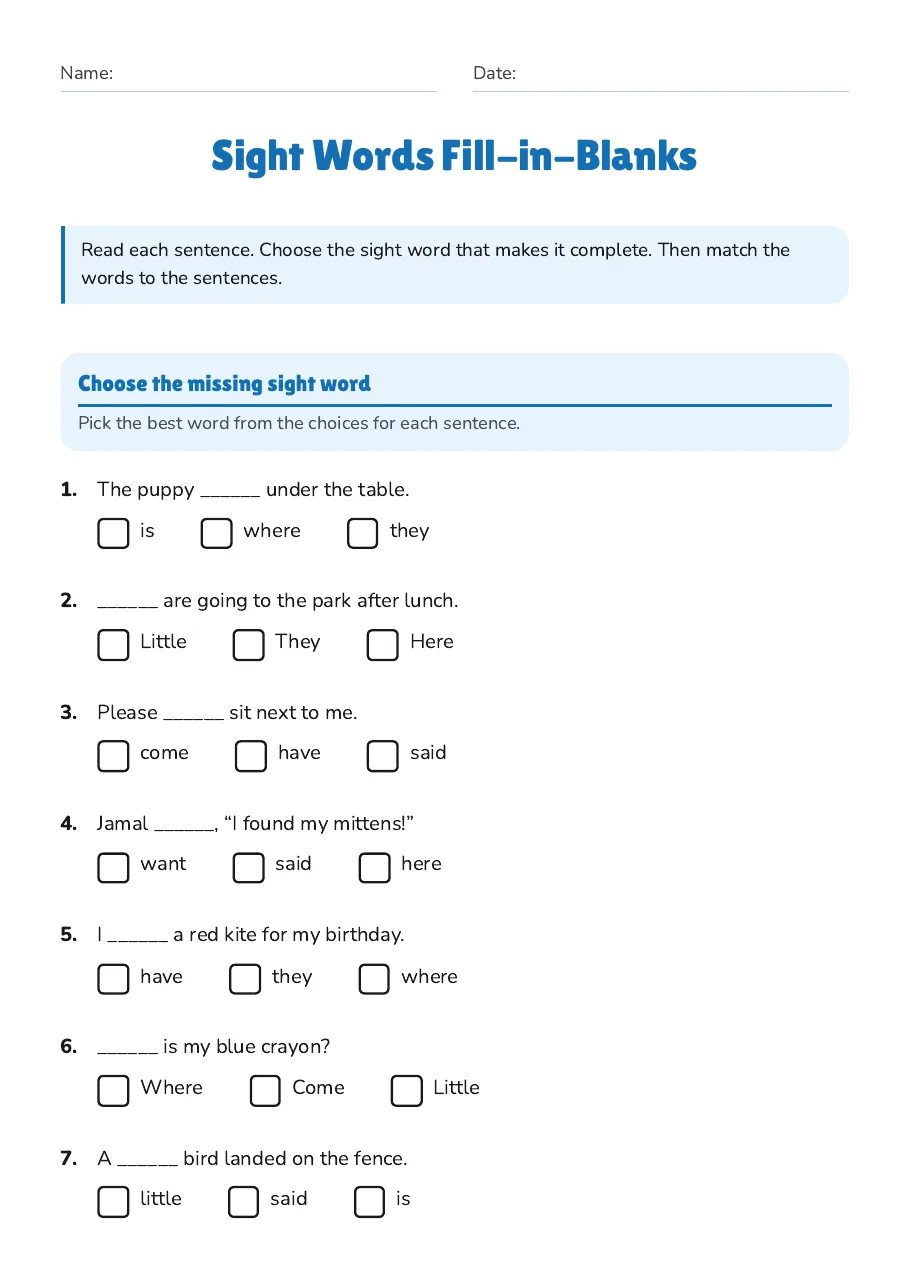 Sight Words Fill-in-Blanks, page 1 of 2: Choose the missing sight word