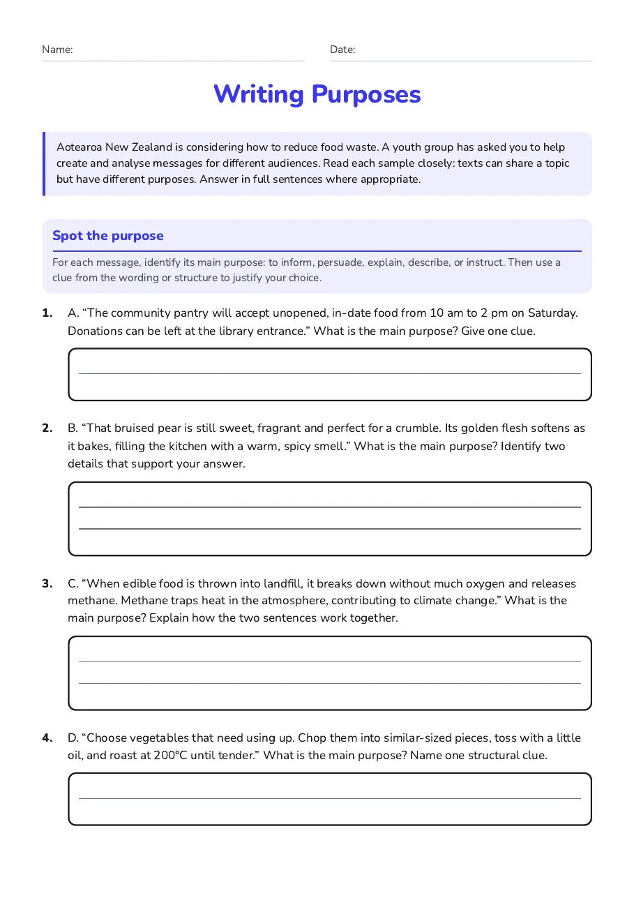 Writing Purposes, page 1 of 3: Spot the purpose