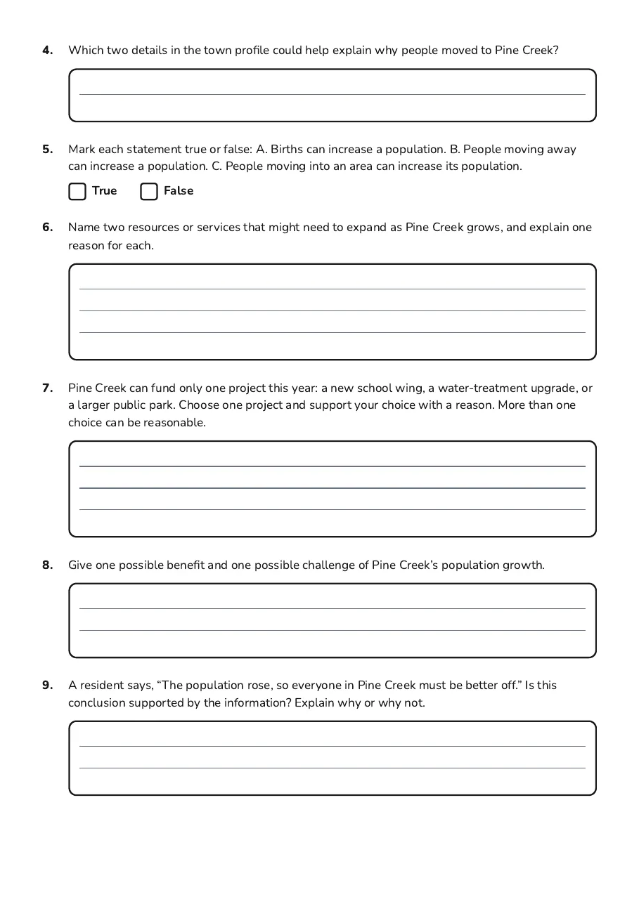 Population Growth Discussion Worksheet, page 2 of 3: 4. Which two details in the town profile could help explain why people moved to Pine…