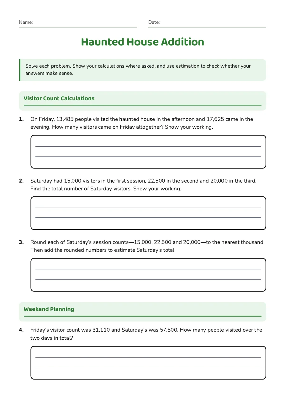Haunted House Addition, page 1 of 2: Visitor Count Calculations, Weekend Planning