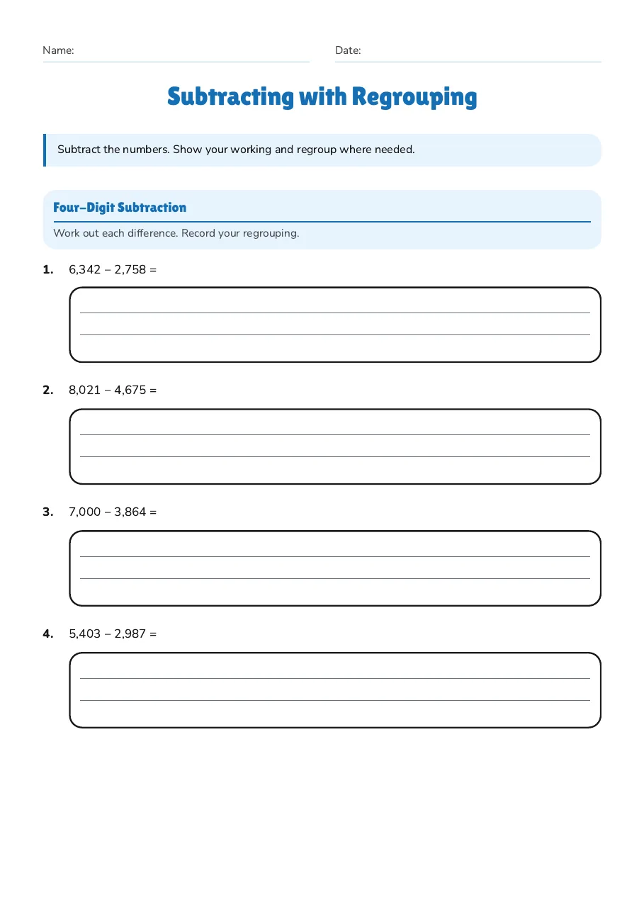Subtracting with Regrouping, page 1 of 3: Four-Digit Subtraction