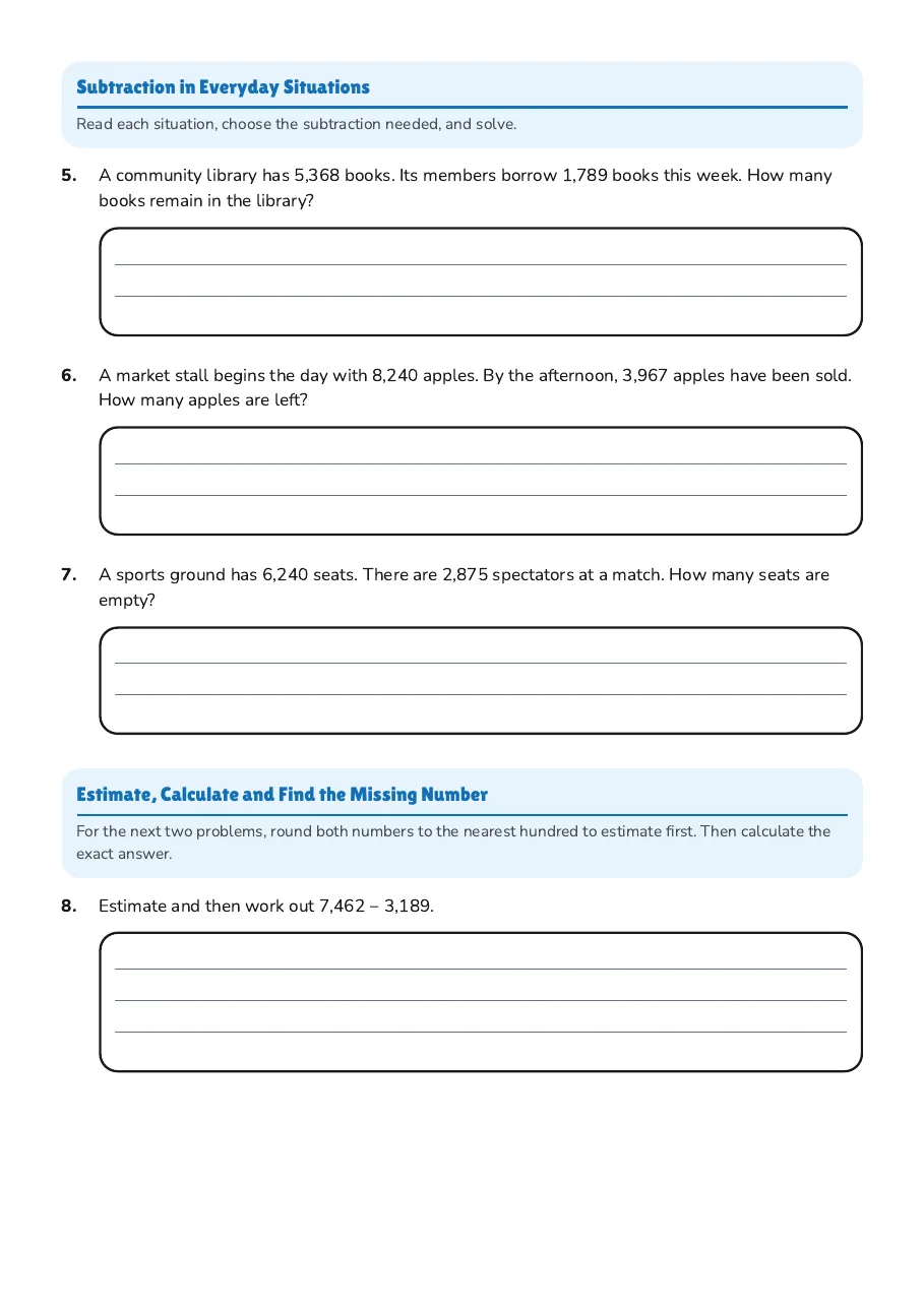 Subtracting with Regrouping, page 2 of 3: Subtraction in Everyday Situations, Estimate, Calculate and Find the Missing Number