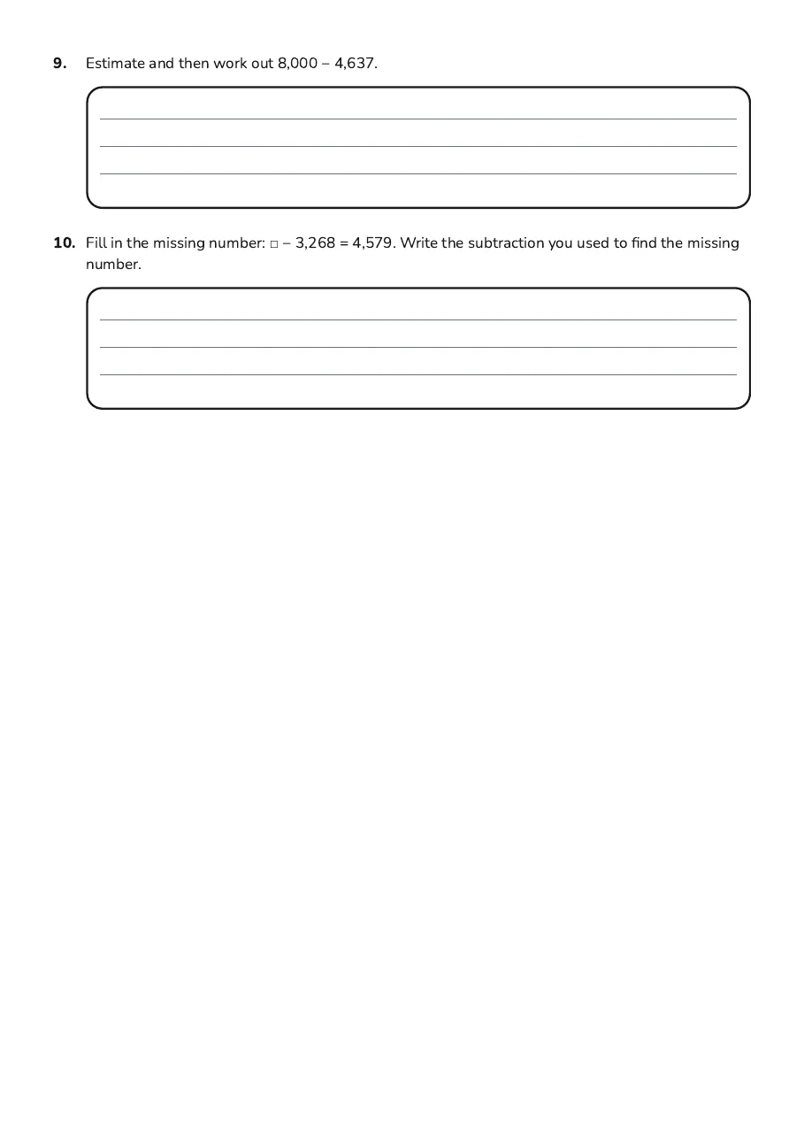 Subtracting with Regrouping, page 3 of 3: 9. Estimate and then work out 8,000 − 4,637.