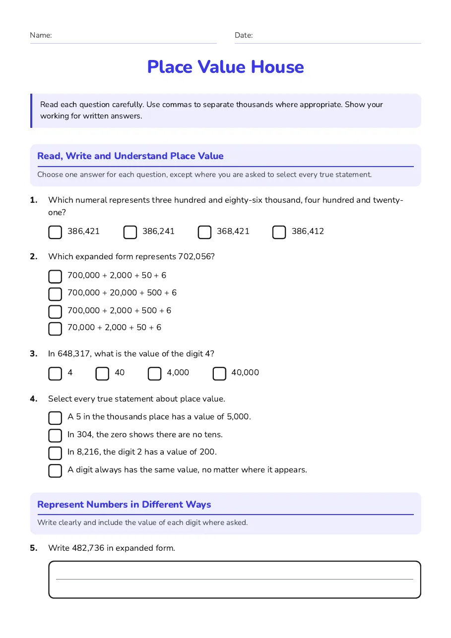 Place Value House, page 1 of 3: Read, Write and Understand Place Value, Represent Numbers in Different Ways