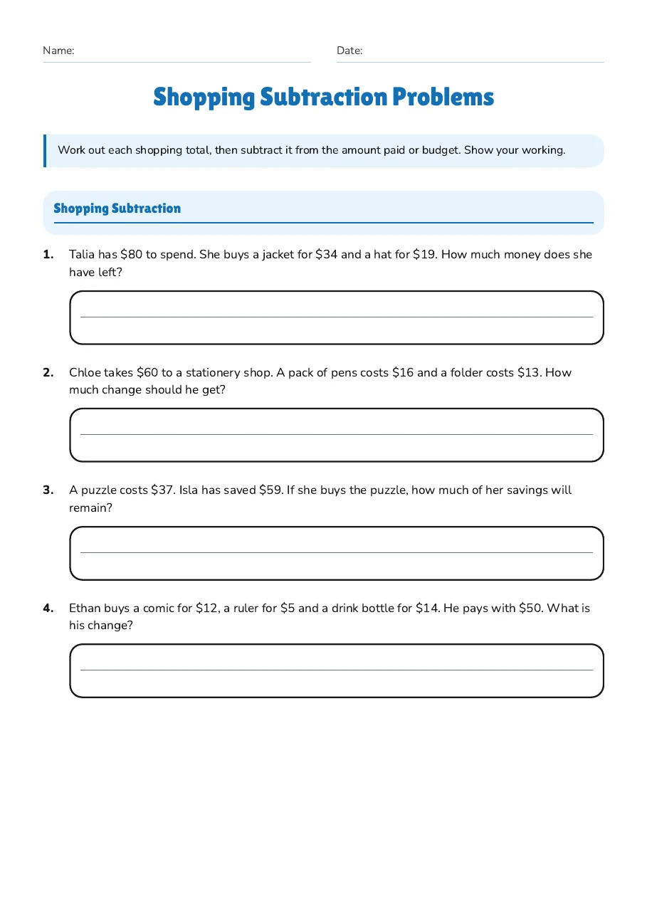 Shopping Subtraction Problems, page 1 of 2: Shopping Subtraction