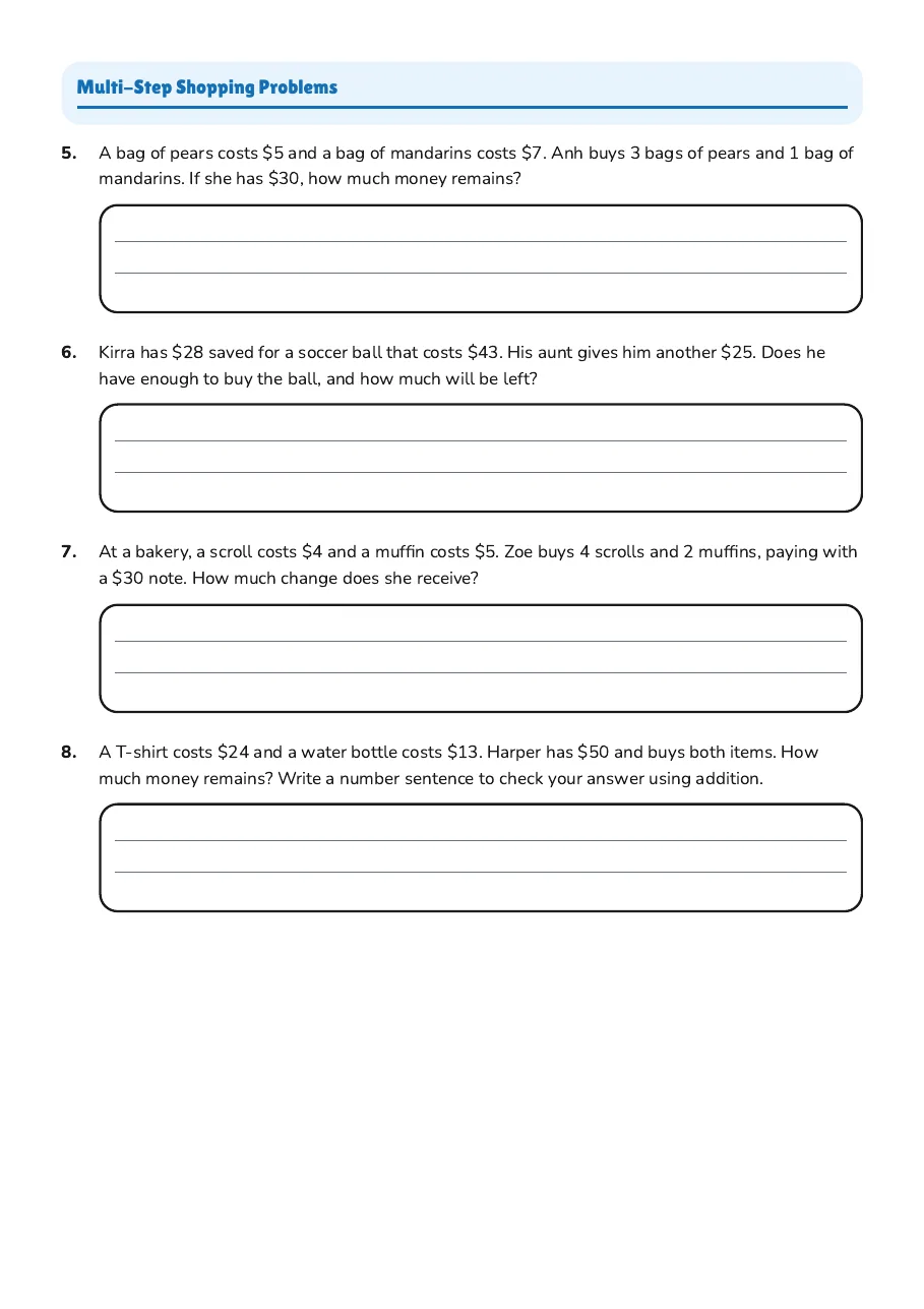 Shopping Subtraction Problems, page 2 of 2: Multi-Step Shopping Problems