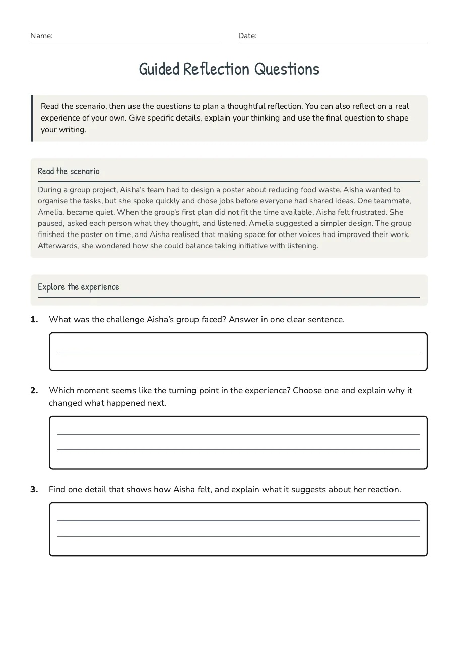Guided Reflection Questions, page 1 of 3: Read the scenario, Explore the experience