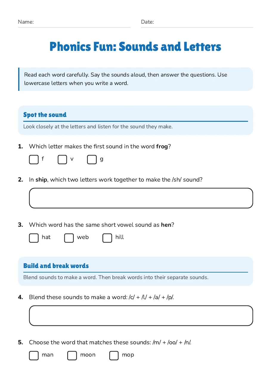 Phonics Fun: Sounds and Letters, page 1 of 2: Spot the sound, Build and break words
