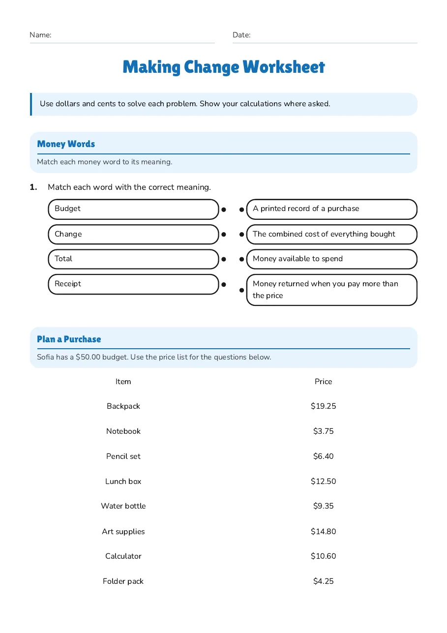Making Change Worksheet, page 1 of 2: Money Words, Plan a Purchase, Making Change