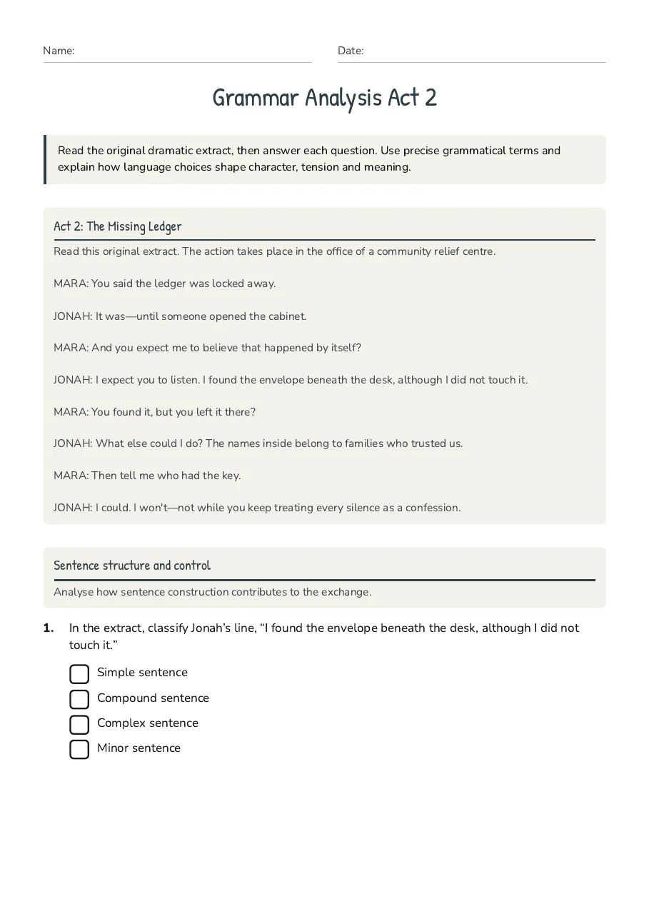 Grammar Analysis Act 2, page 1 of 4: Act 2: The Missing Ledger, Sentence structure and control