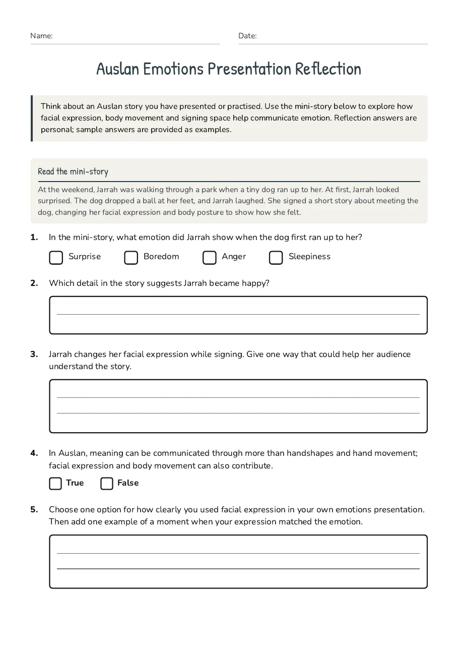 Auslan Emotions Presentation Reflection, page 1 of 2: Read the mini-story