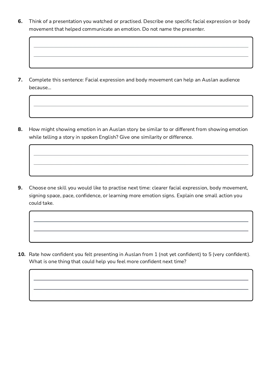 Auslan Emotions Presentation Reflection, page 2 of 2: 6. Think of a presentation you watched or practised. Describe one specific facial…
