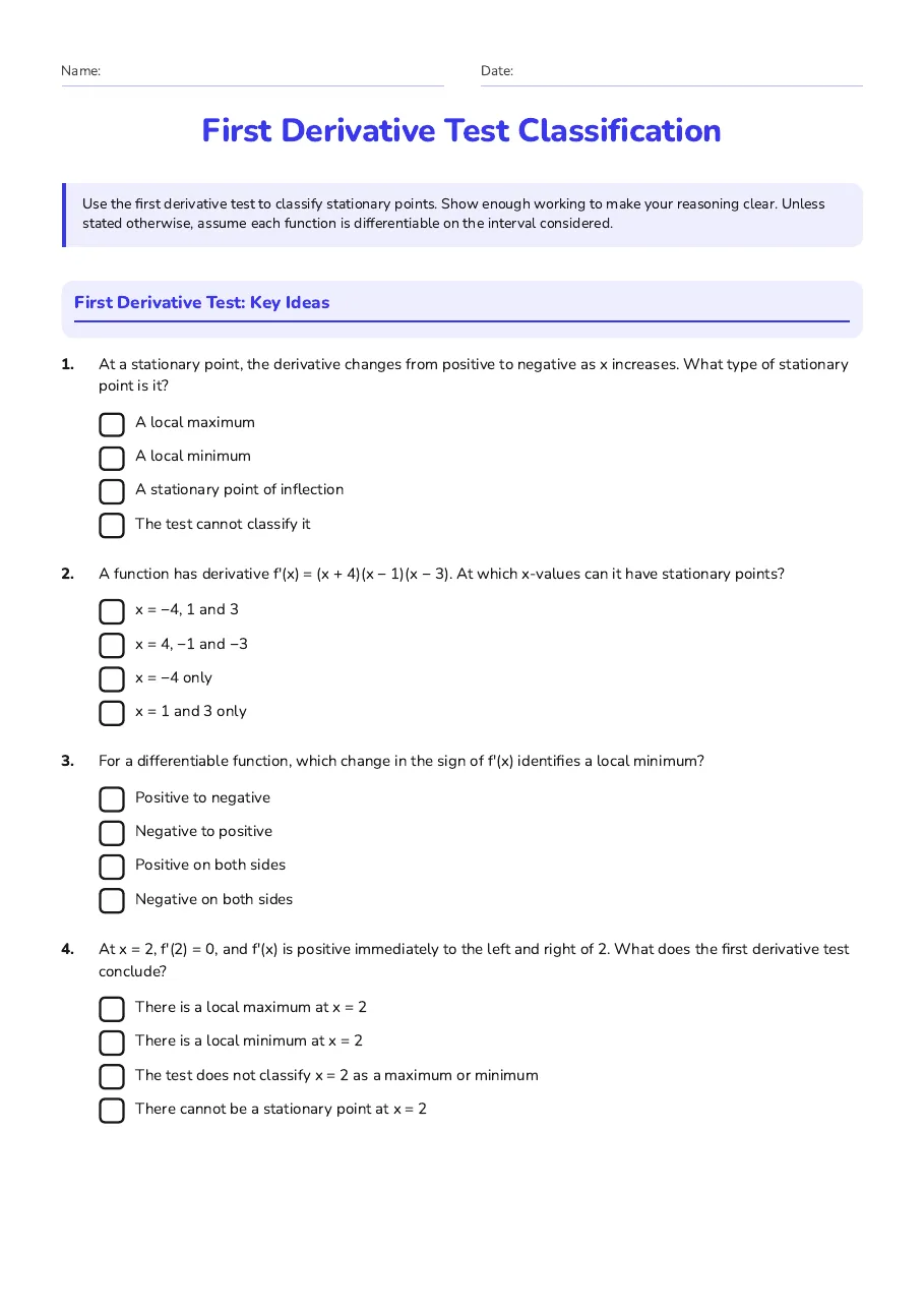 First Derivative Test Classification, page 1 of 3: First Derivative Test: Key Ideas