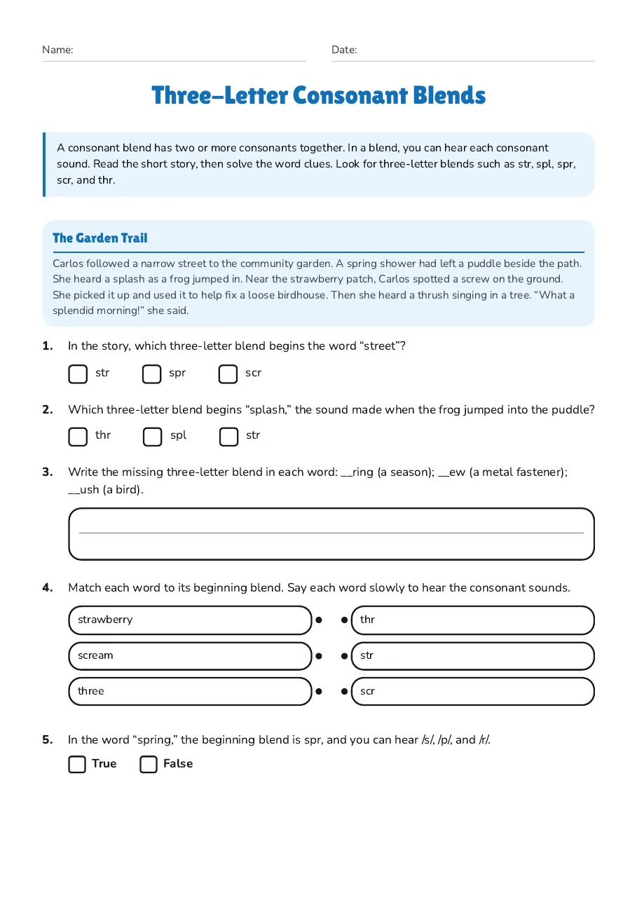 Three-Letter Consonant Blends, page 1 of 2: The Garden Trail