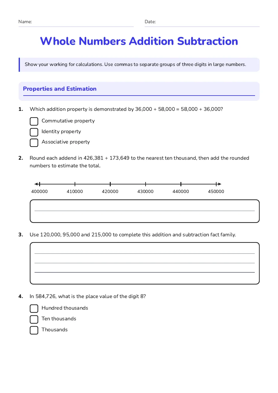 Whole Numbers Addition Subtraction, page 1 of 3: Properties and Estimation