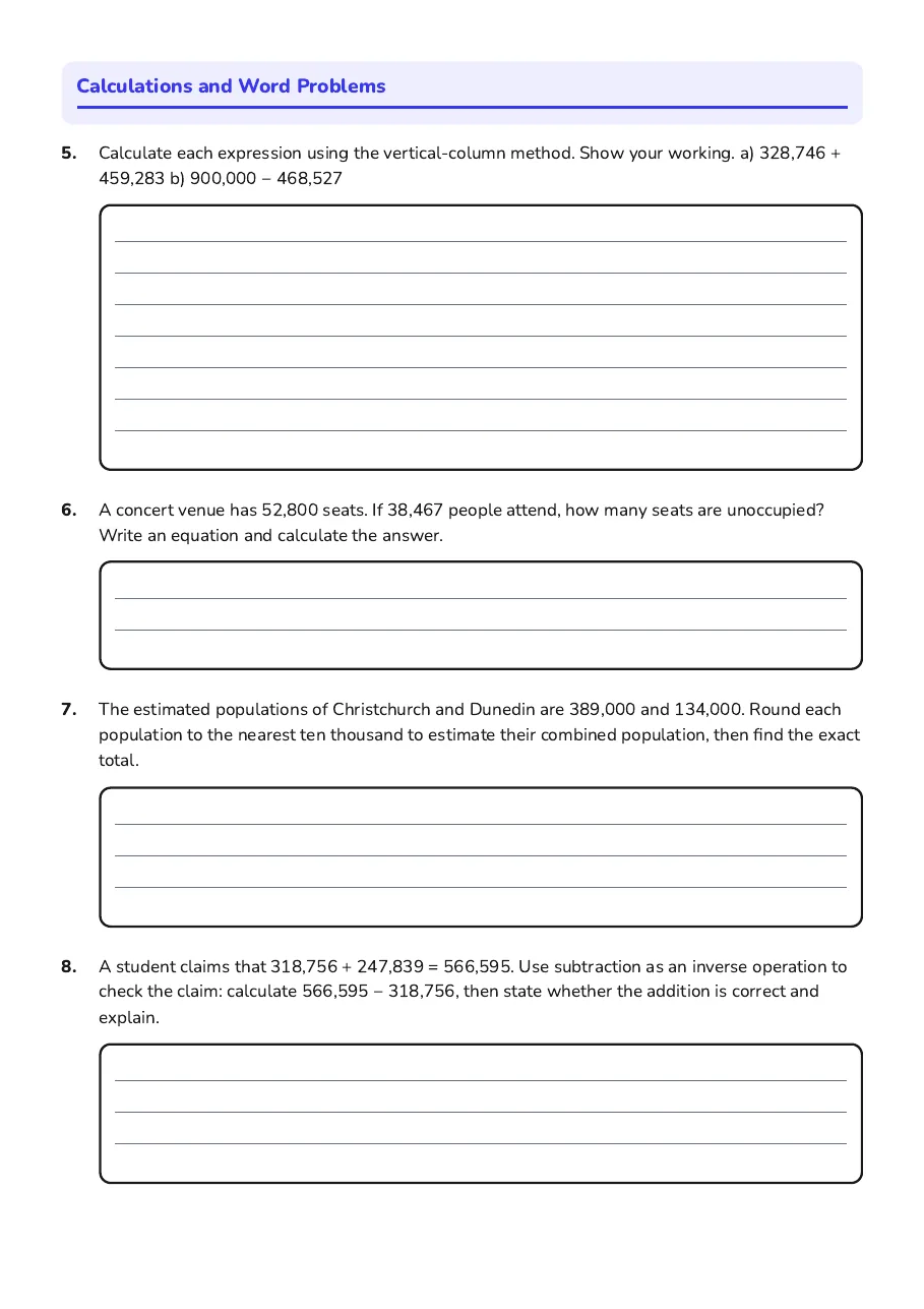 Whole Numbers Addition Subtraction, page 2 of 3: Calculations and Word Problems