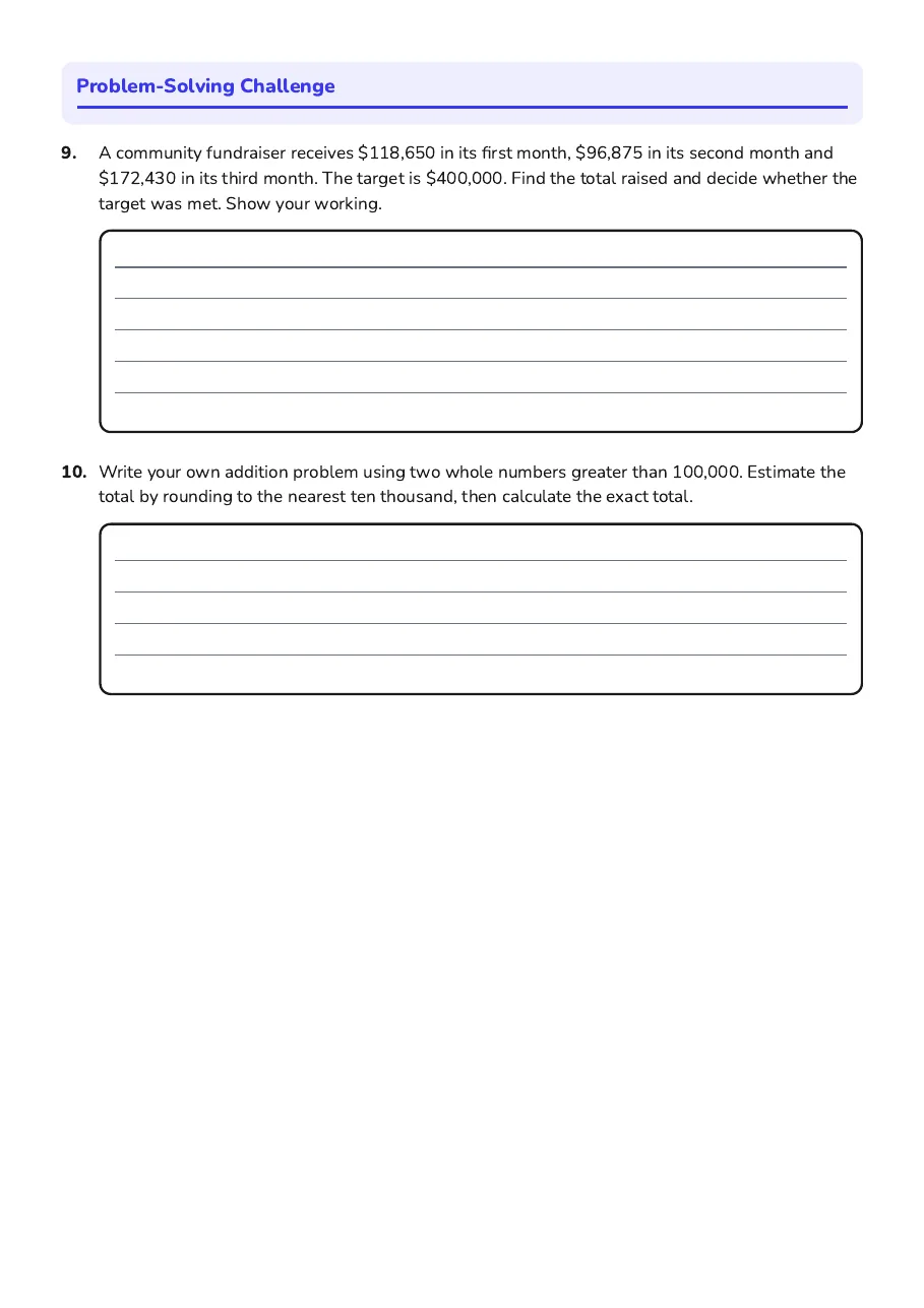 Whole Numbers Addition Subtraction, page 3 of 3: Problem-Solving Challenge