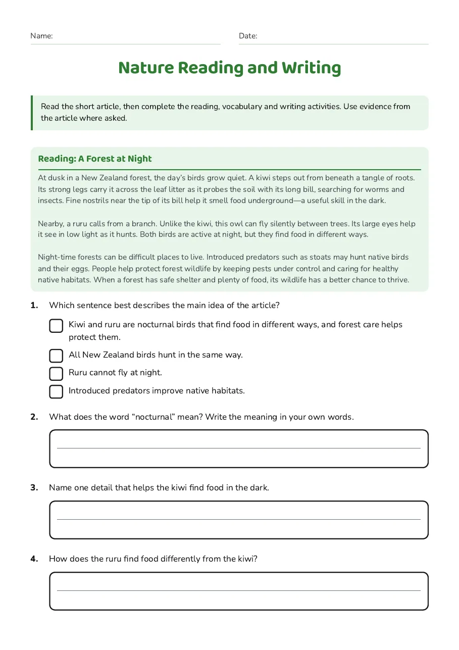 Nature Reading and Writing, page 1 of 3: Reading: A Forest at Night