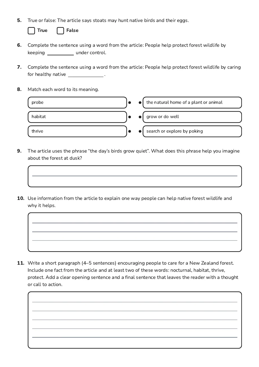 Nature Reading and Writing, page 2 of 3: 5. True or false: The article says stoats may hunt native birds and their eggs.