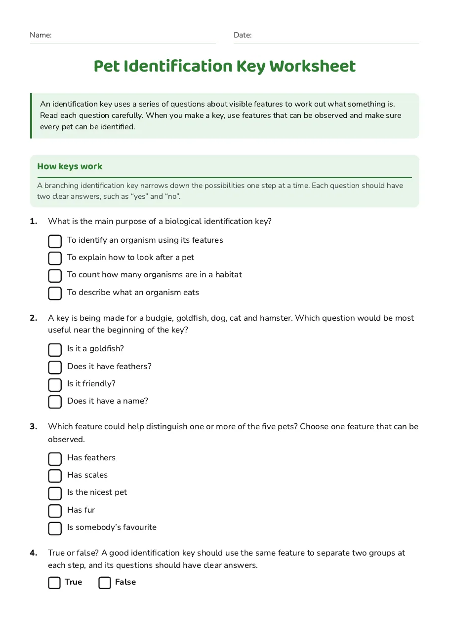Pet Identification Key Worksheet, page 1 of 3: How keys work