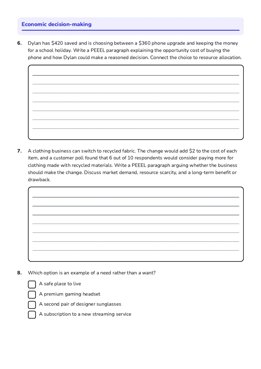 Economics PEEEL Paragraphs, page 4 of 5: Economic decision-making