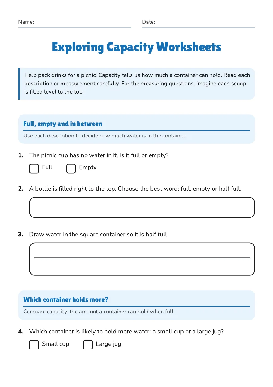 Exploring Capacity Worksheets, page 1 of 3: Full, empty and in between, Which container holds more?