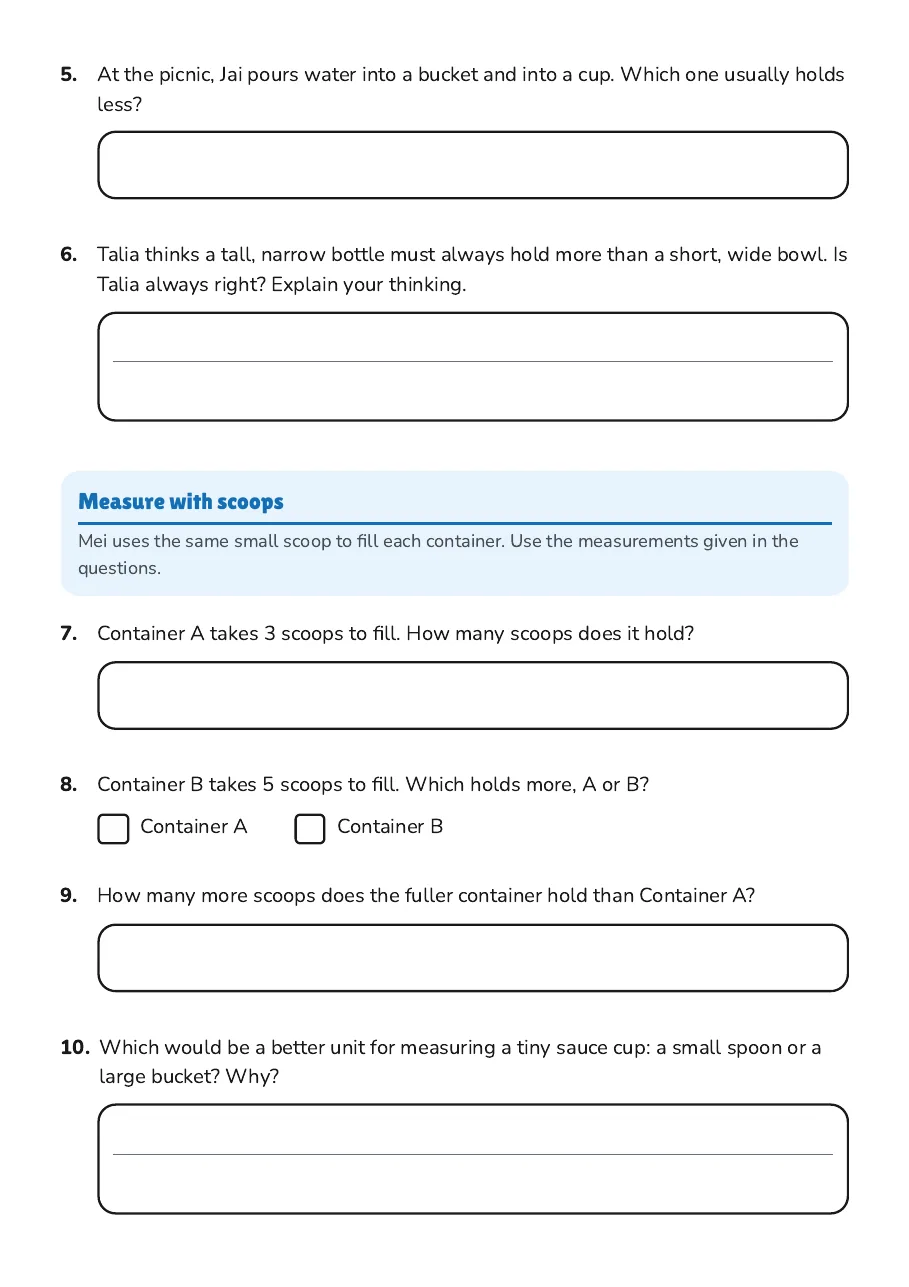 Exploring Capacity Worksheets, page 2 of 3: Measure with scoops