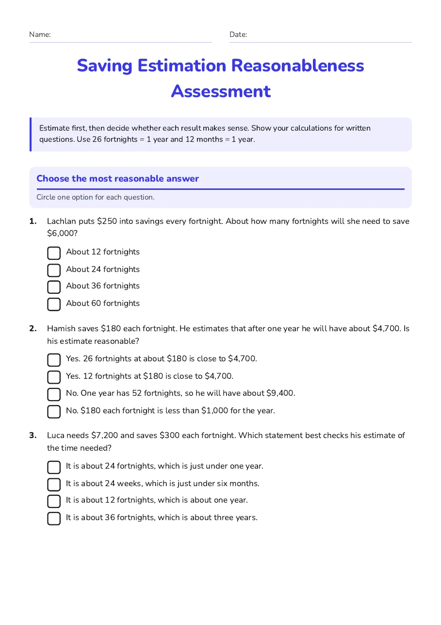 Saving Estimation Reasonableness Assessment, page 1 of 2: Choose the most reasonable answer