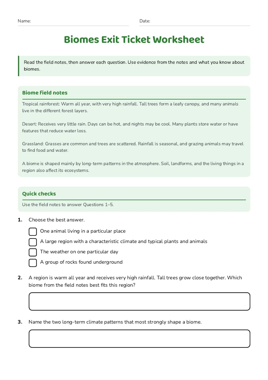 Biomes Exit Ticket Worksheet, page 1 of 3: Biome field notes, Quick checks