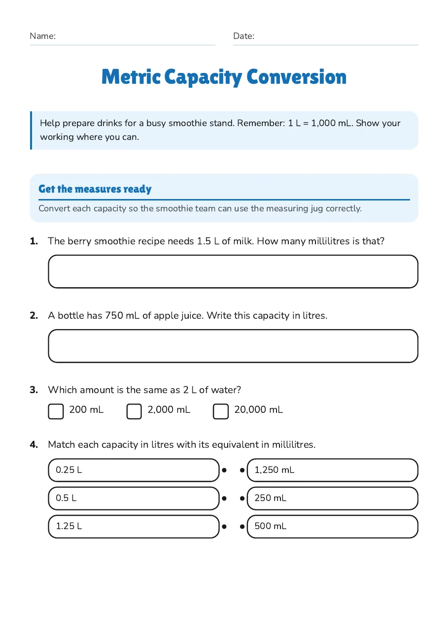 Metric Capacity Conversion, page 1 of 3: Get the measures ready
