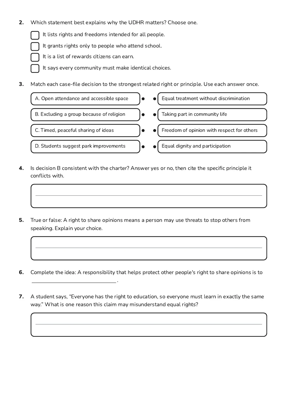 Human Rights Personal Charter, page 2 of 3: 2. Which statement best explains why the UDHR matters? Choose one.