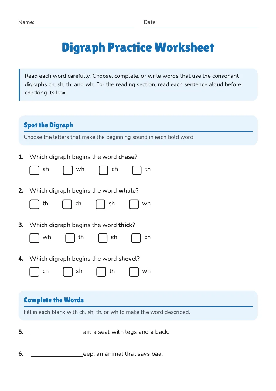 Digraph Practice Worksheet, page 1 of 3: Spot the Digraph, Complete the Words