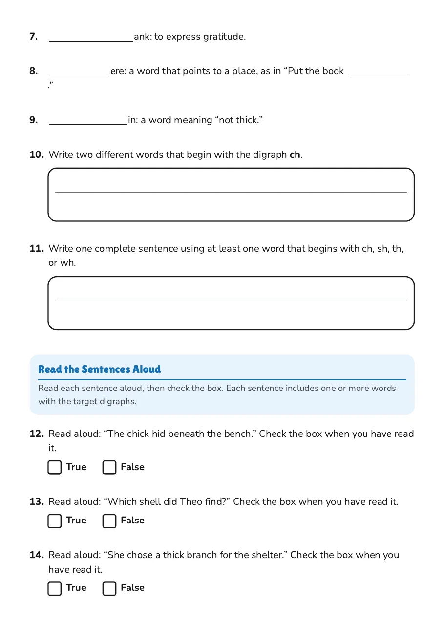 Digraph Practice Worksheet, page 2 of 3: Read the Sentences Aloud