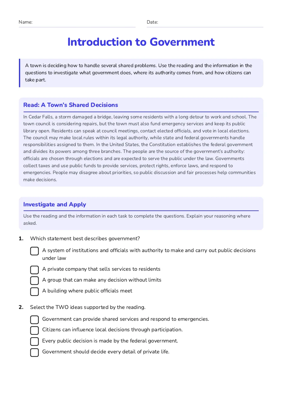 Introduction to Government, page 1 of 3: Read: A Town’s Shared Decisions, Investigate and Apply