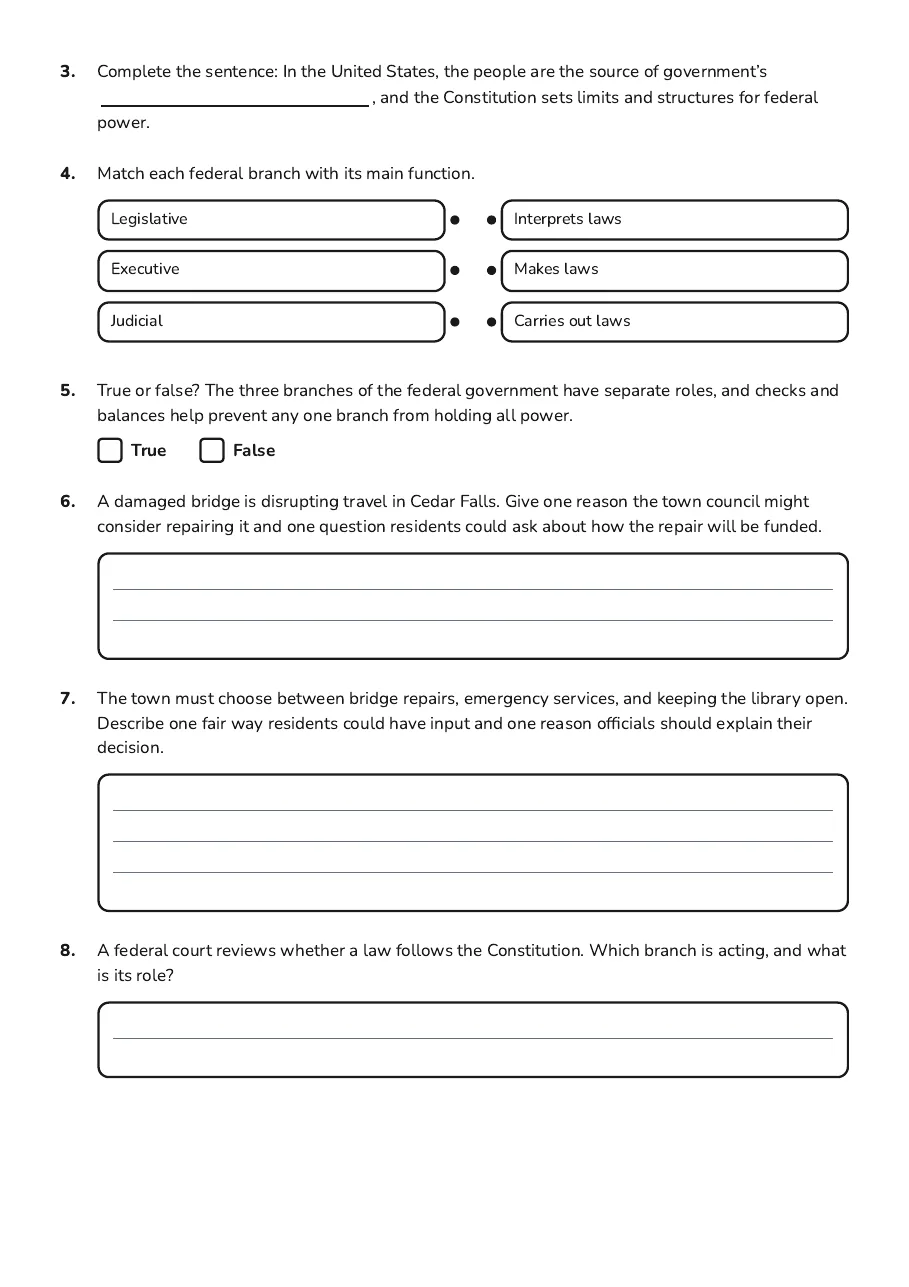 Introduction to Government, page 2 of 3: 3. Complete the sentence: In the United States, the people are the source of government’s