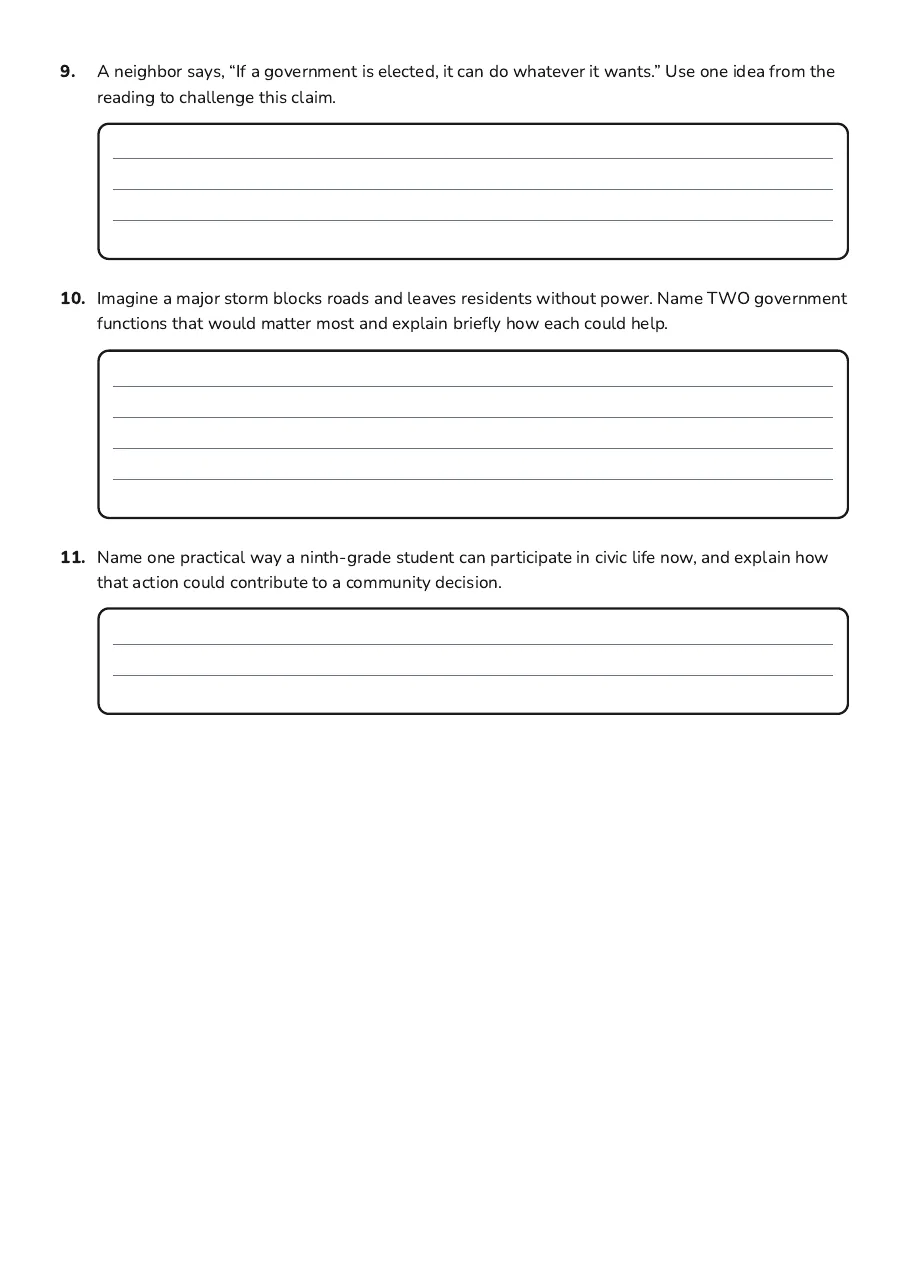 Introduction to Government, page 3 of 3: 9. A neighbor says, “If a government is elected, it can do whatever it wants.” Use one…