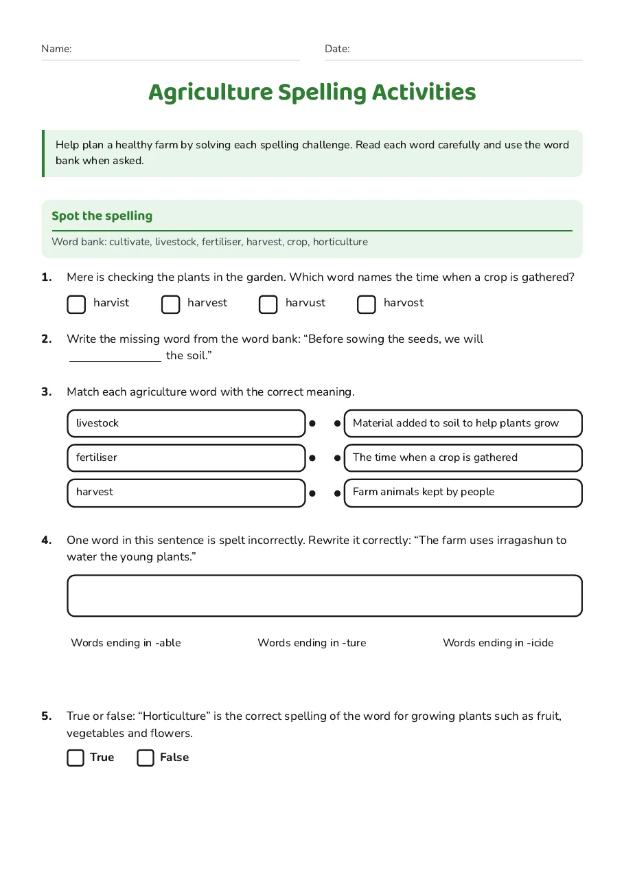Agriculture Spelling Activities, page 1 of 2: Spot the spelling