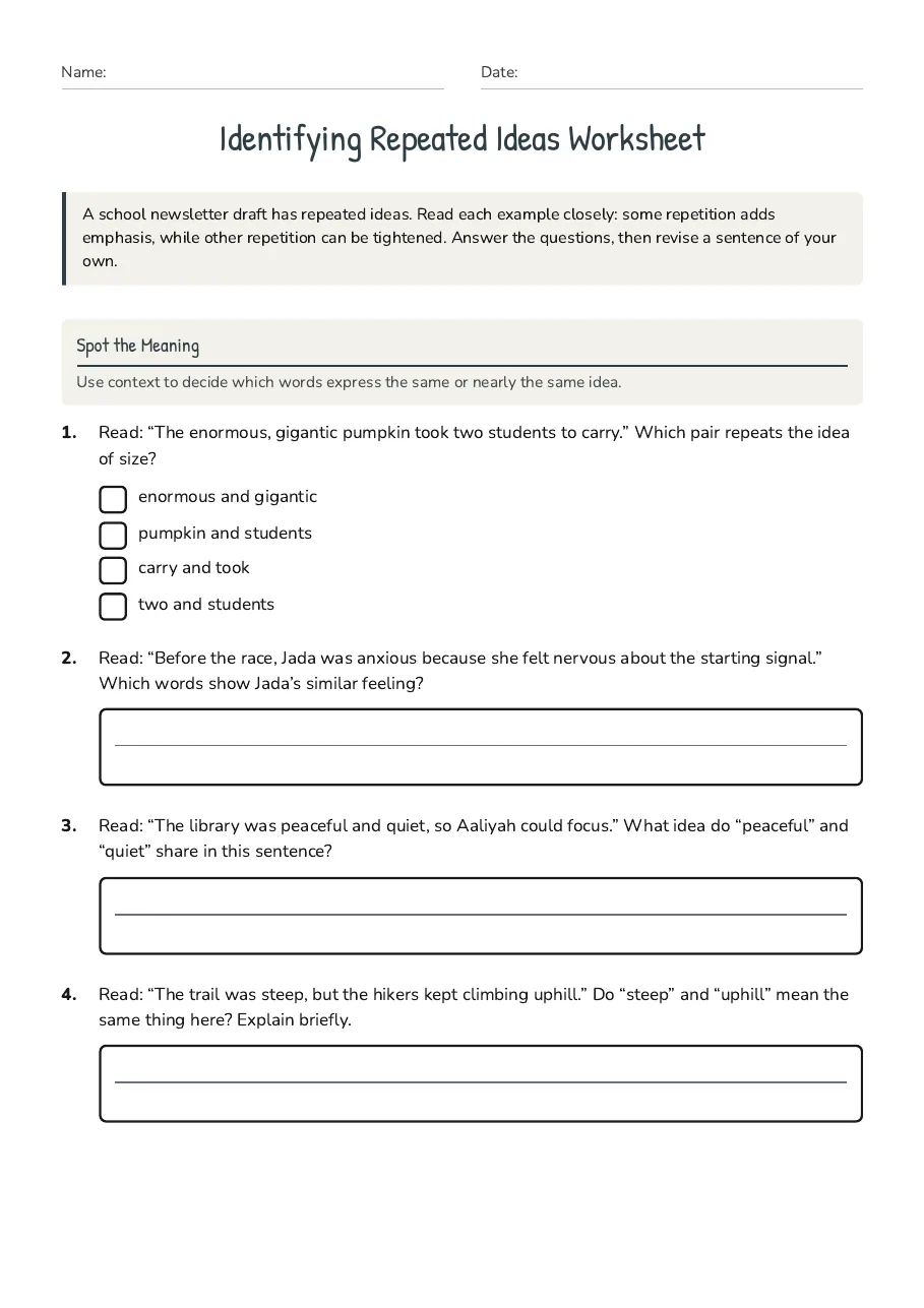 Identifying Repeated Ideas Worksheet, page 1 of 3: Spot the Meaning