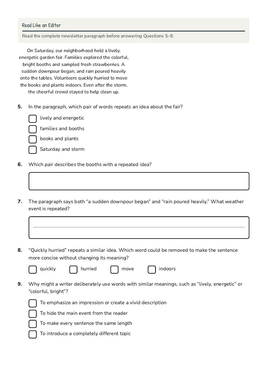 Identifying Repeated Ideas Worksheet, page 2 of 3: Read Like an Editor