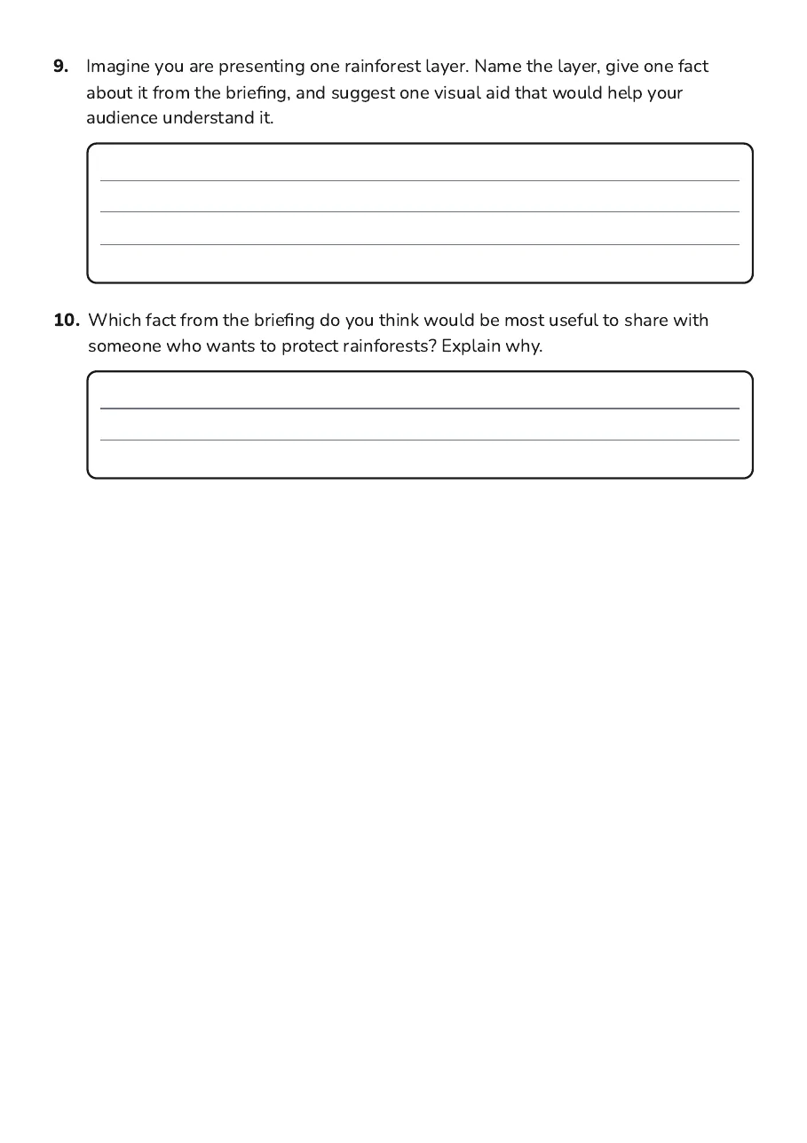 Rainforest Presentation Showcase, page 3 of 3: 9. Imagine you are presenting one rainforest layer. Name the layer, give one fact
