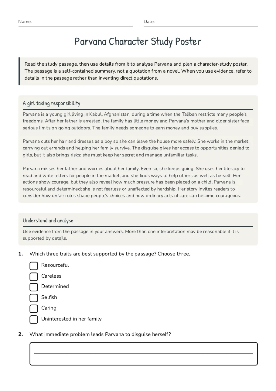 Parvana Character Study Poster, page 1 of 3: A girl taking responsibility, Understand and analyse