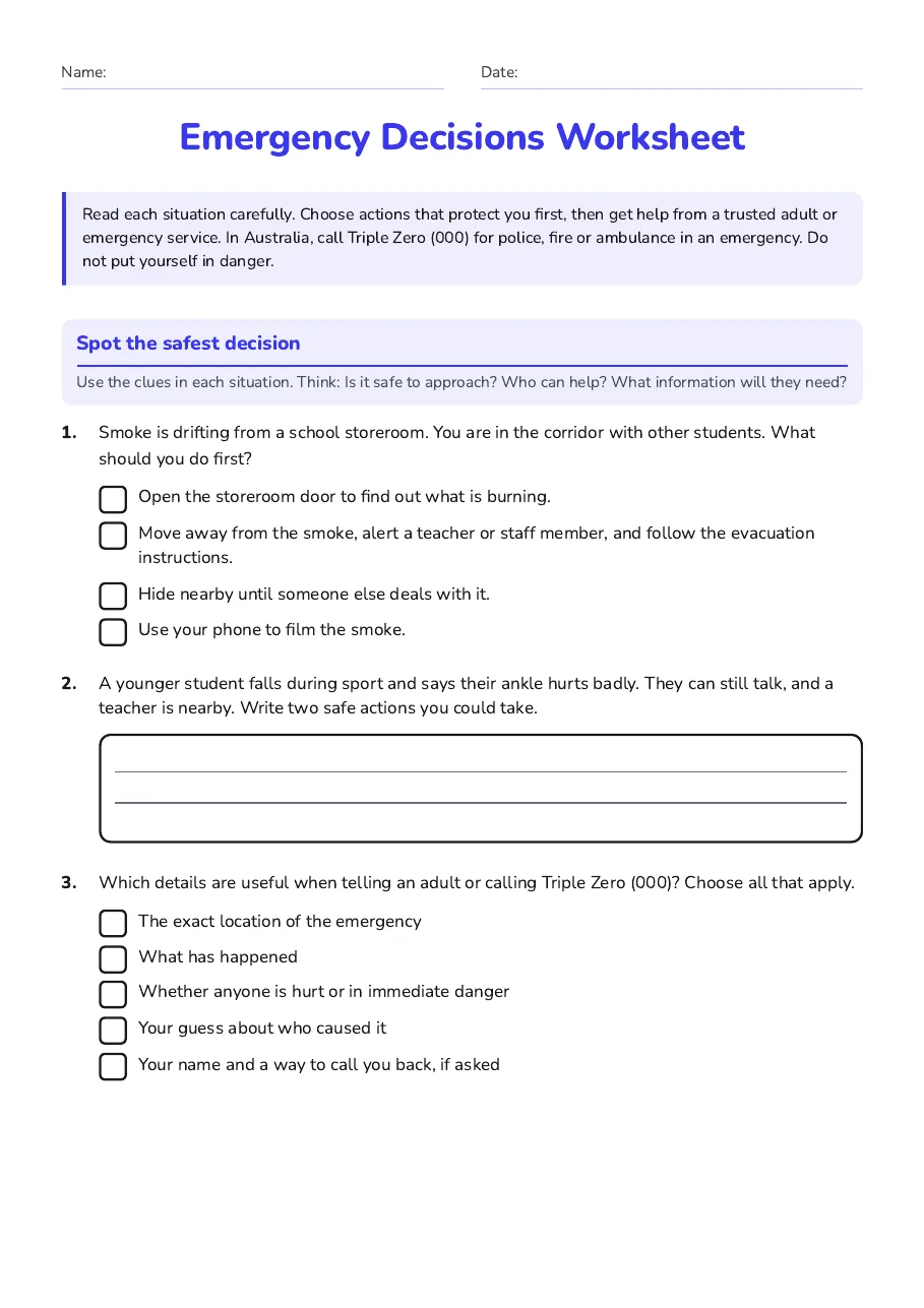 Emergency Decisions Worksheet, page 1 of 3: Spot the safest decision